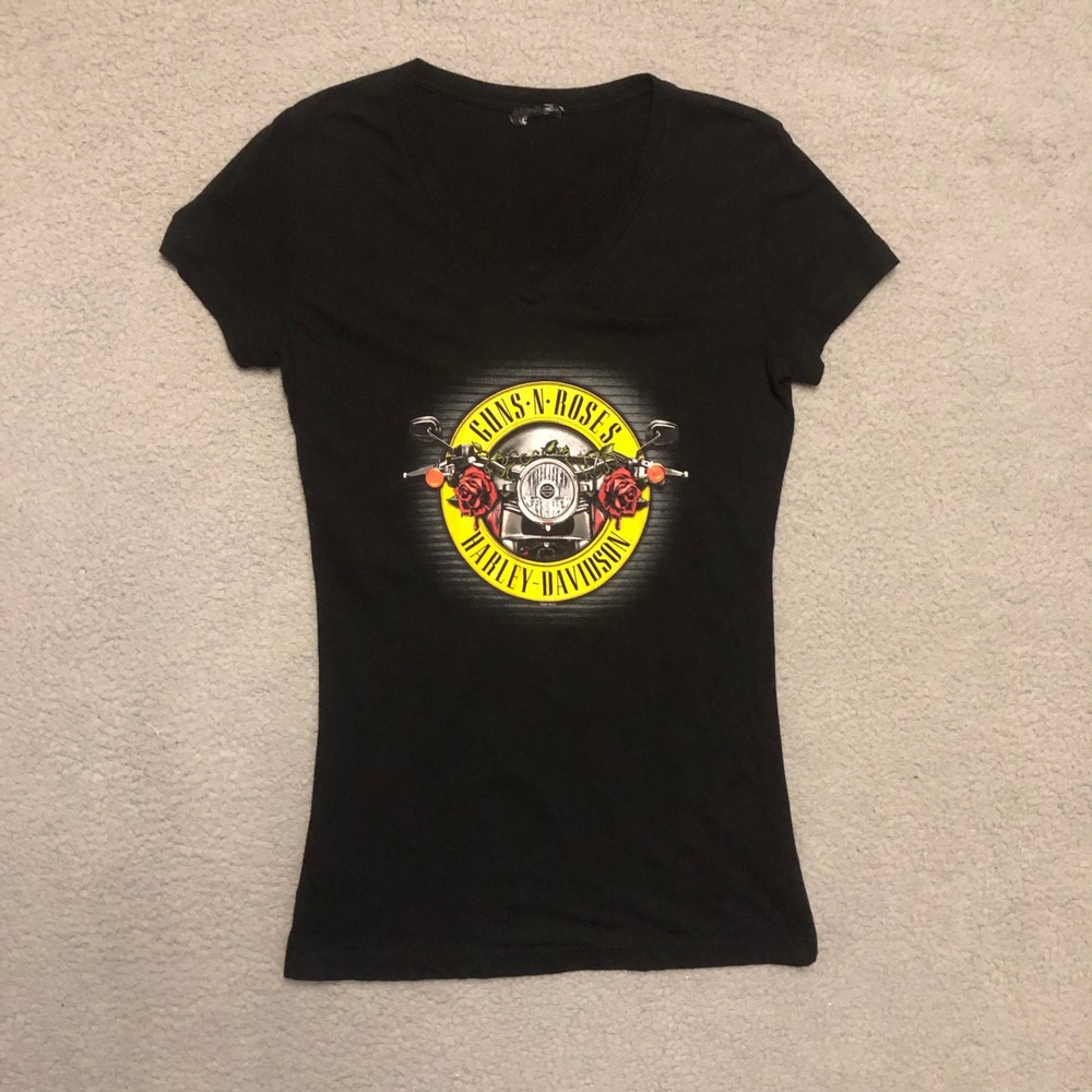 Guns N' Roses Harley-Davidson V-Neck Graphic Tee‎ Black Womens M VTG Style